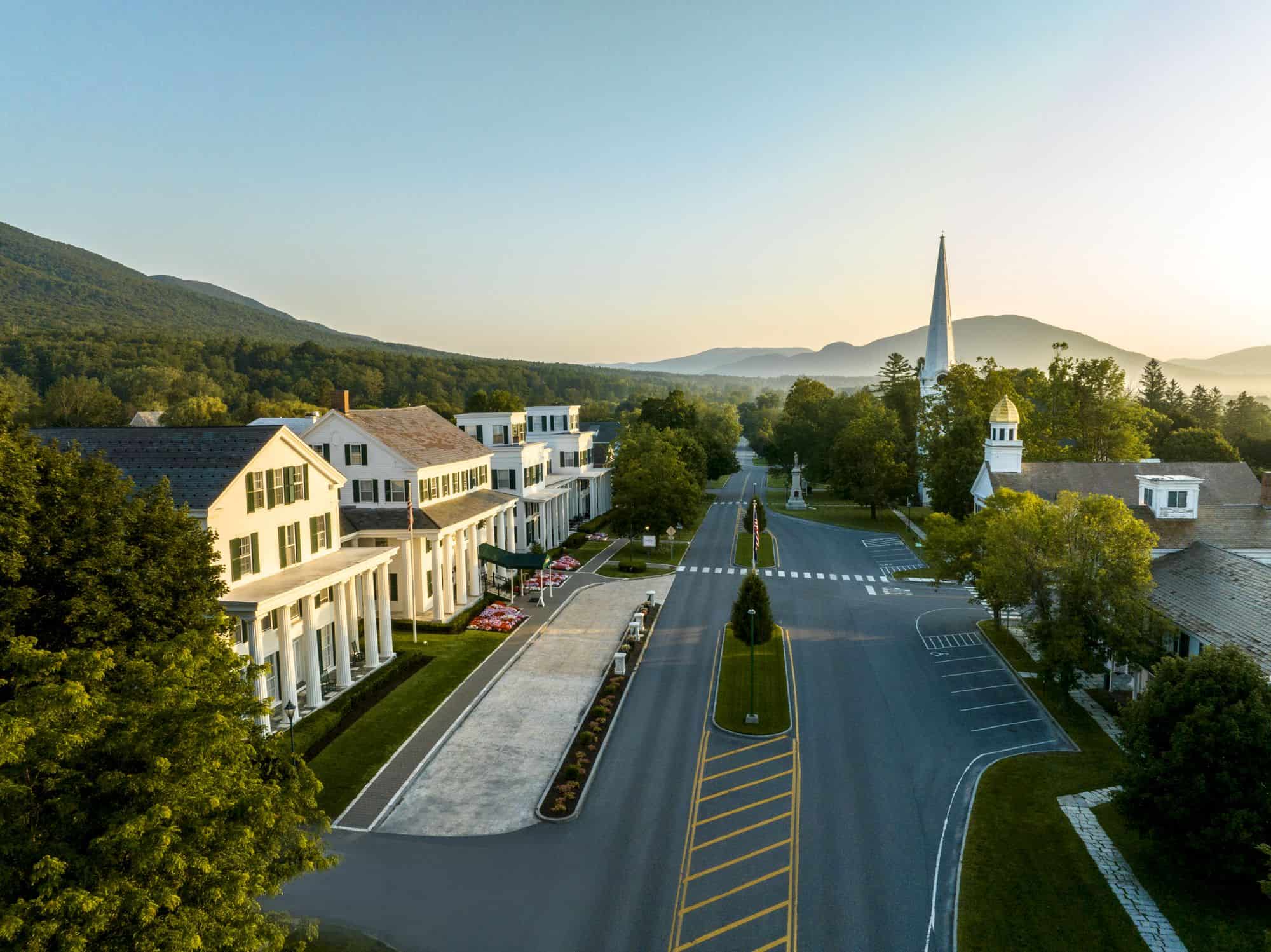 Equinox Resort Arial Summer Morning Looking at Mountains and Resort Entrance