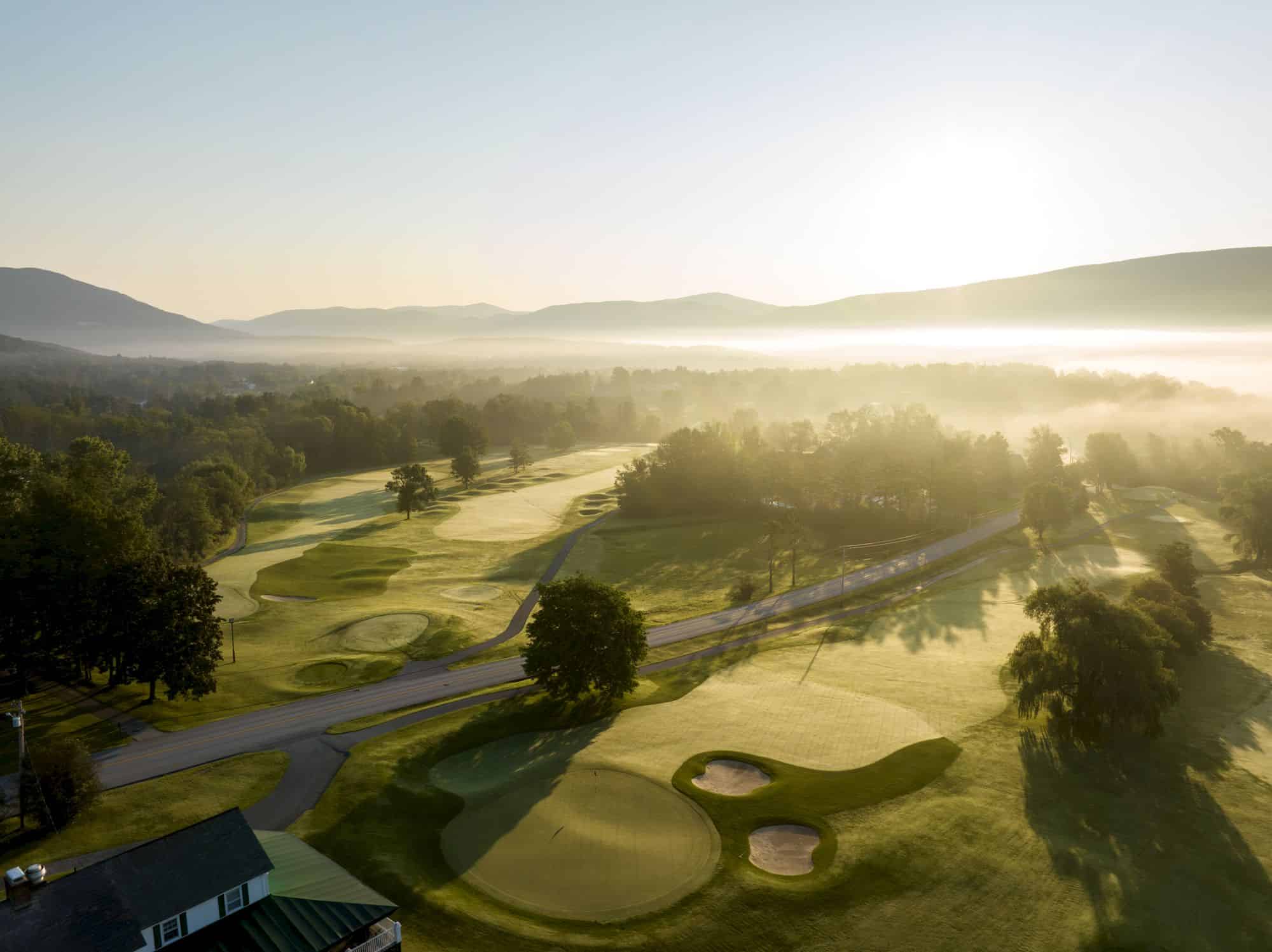 Equinox Summer Drone Morning Fog on Golf Course