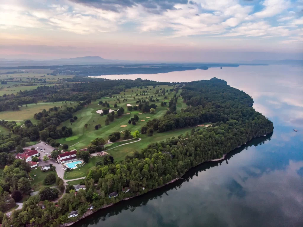 Basin Harbor Club Golf Arial Summer View in Morning Fog