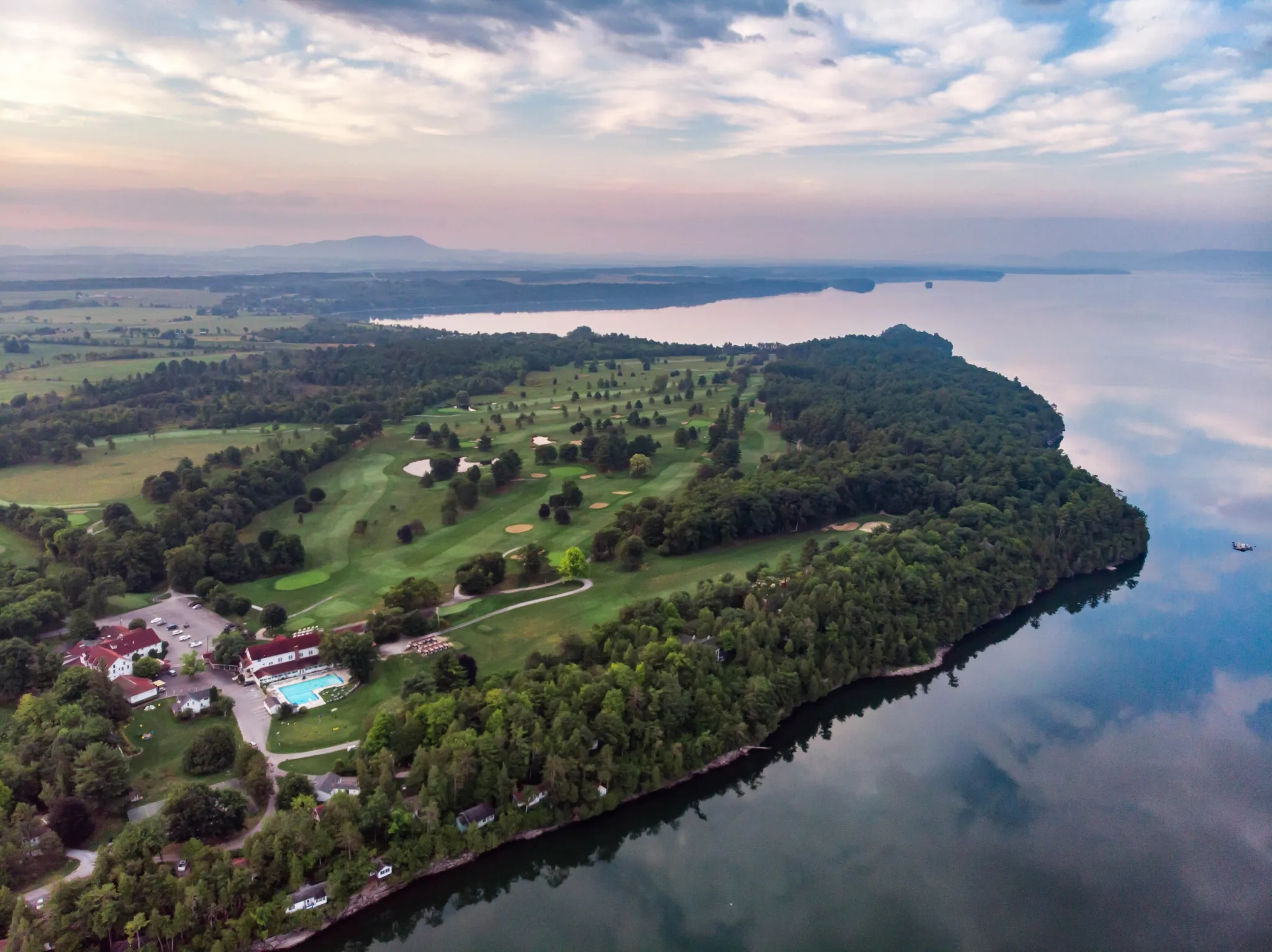 Basin Harbor Club Golf Arial Summer View in Morning Fog