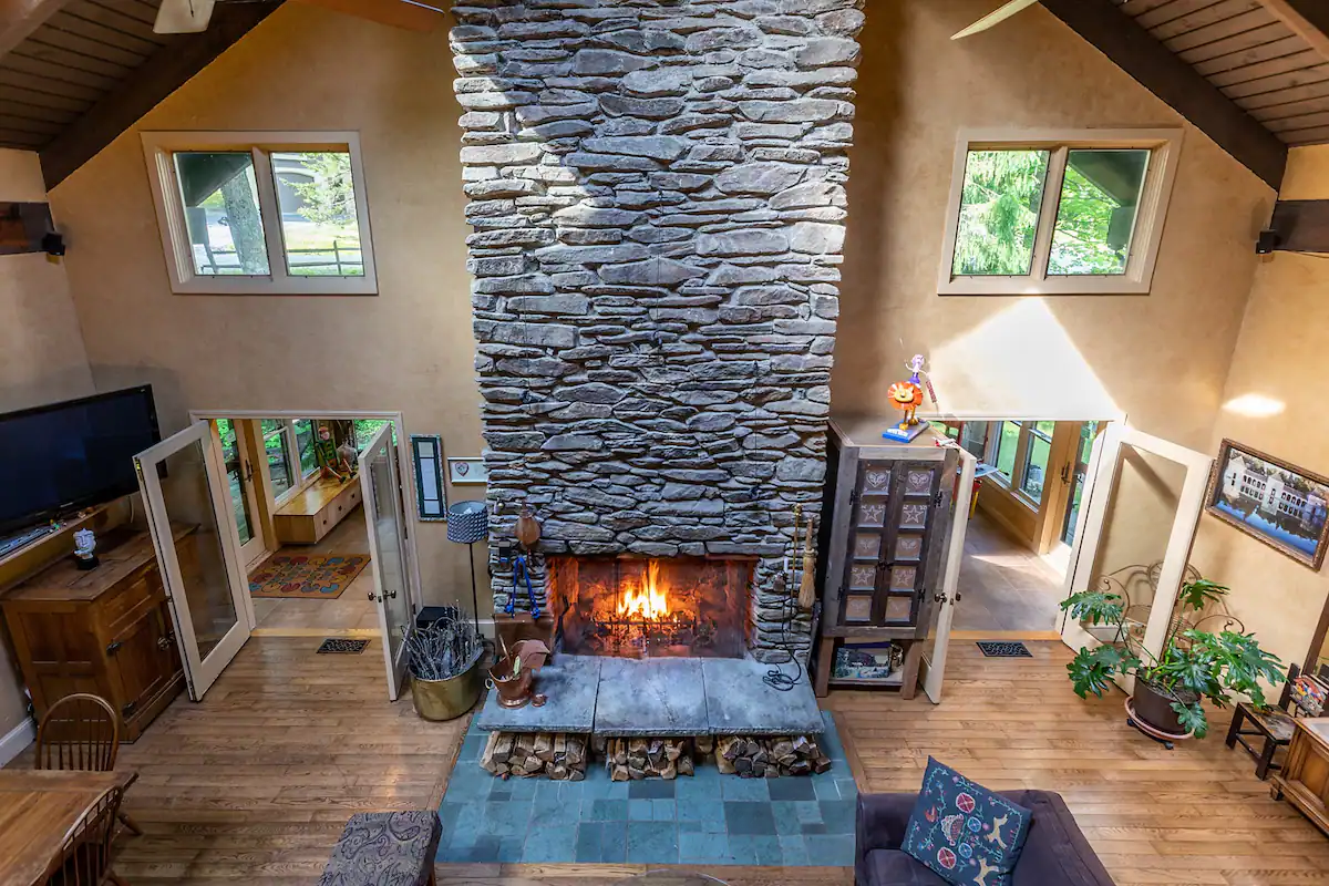 YogaBnB Fireplace from Above Great Room
